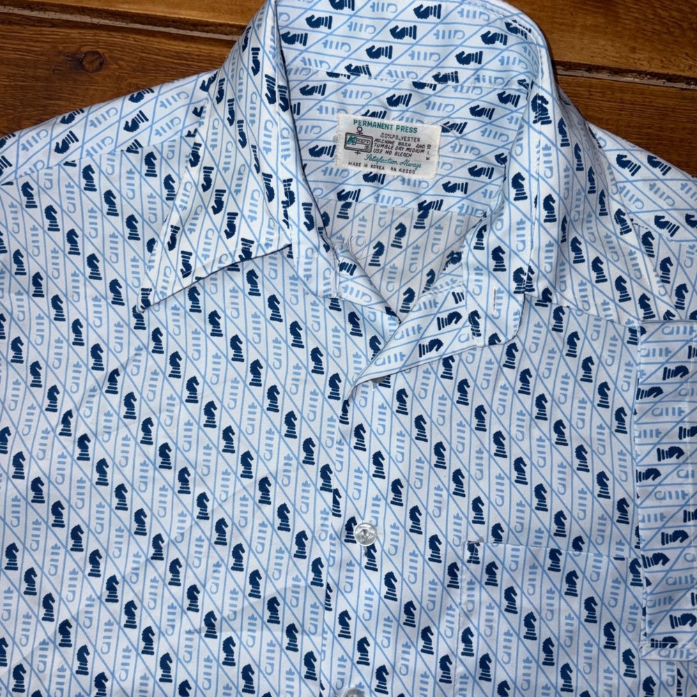 Vintage Kmart Button Up Shirt Mens XL Blue White Chess Knight Print 1970s Disco